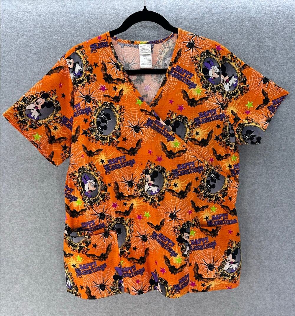 Disney Women's L Mickey Mouse Halloween Orange V Neck Scrub Top Nurse Workwear
